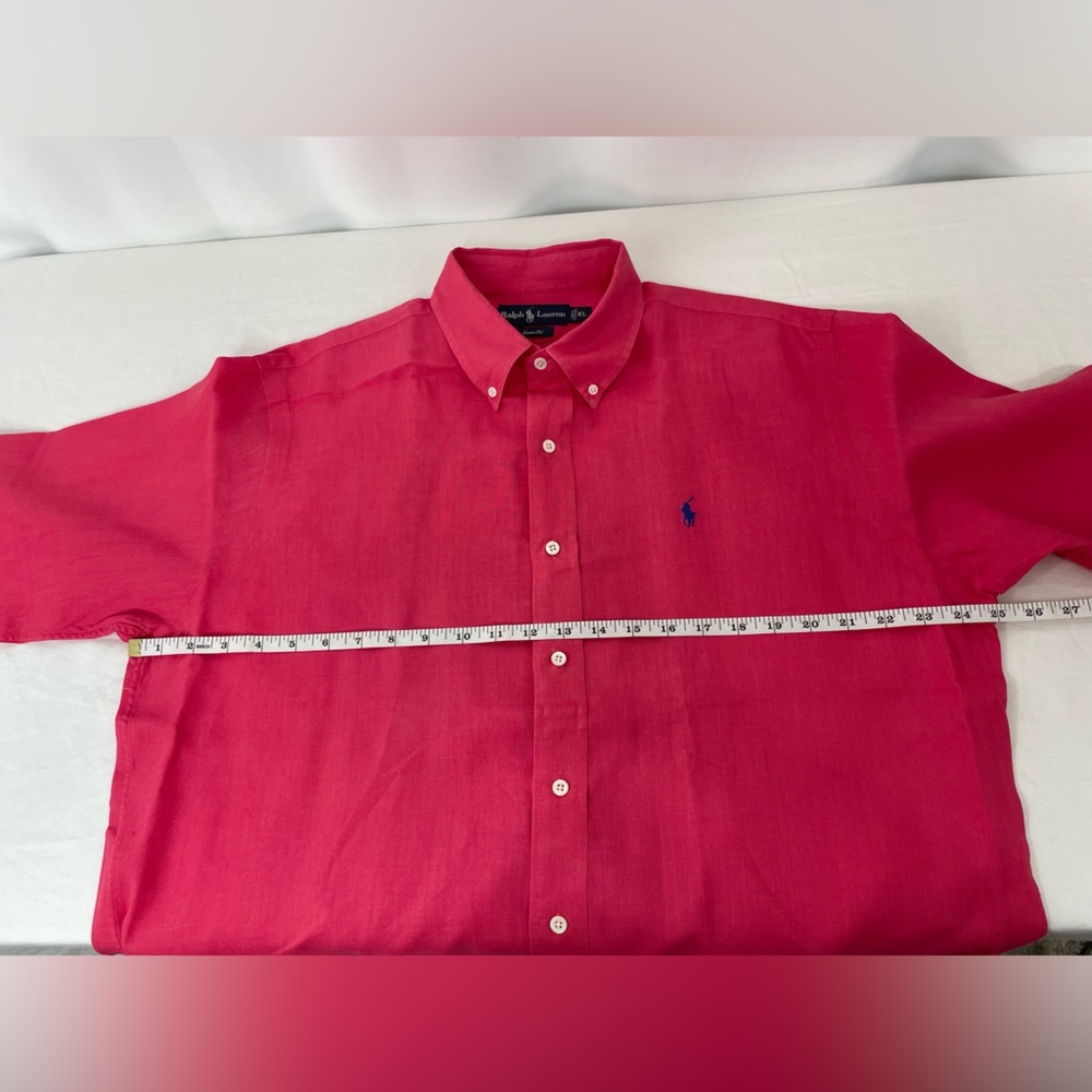 Ralph Lauren Custom Fit 100% Linen Pink Button Down Shirt XL Blue Pony - Picture 4 of 11